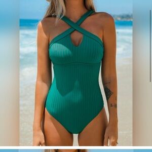 NWOT CUPSHE Green Ribbed 1PC Cut-Out Criss Cross Front SZ: S
